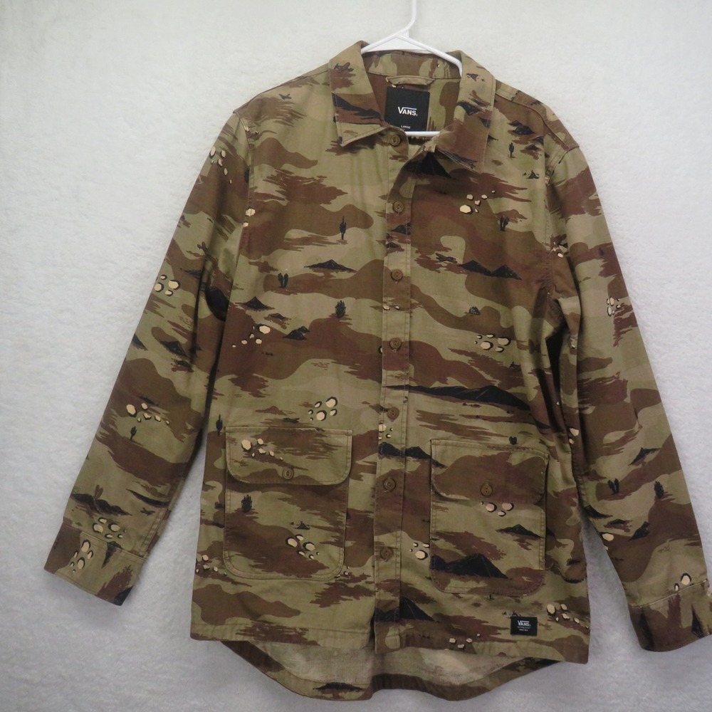 Vans Mens Shirt Size Large Desert‎ Camo Cactus Print Button Down Brown Tan